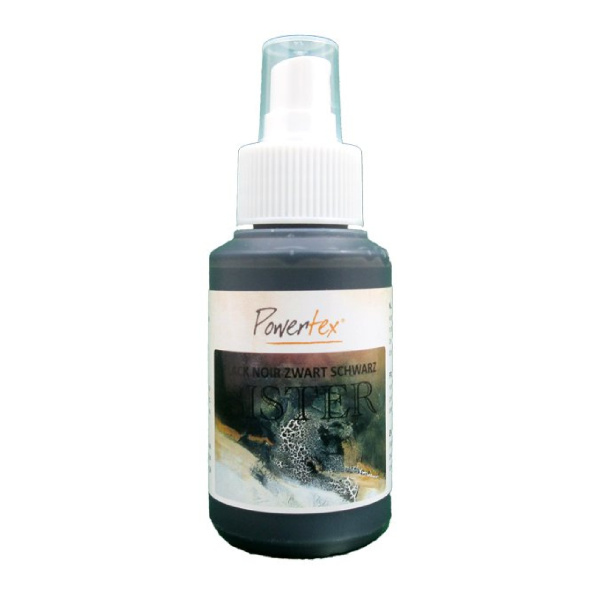 Powertex Water Based Bister in Black color, housed in a 100ml or 3.4oz spray bottle.