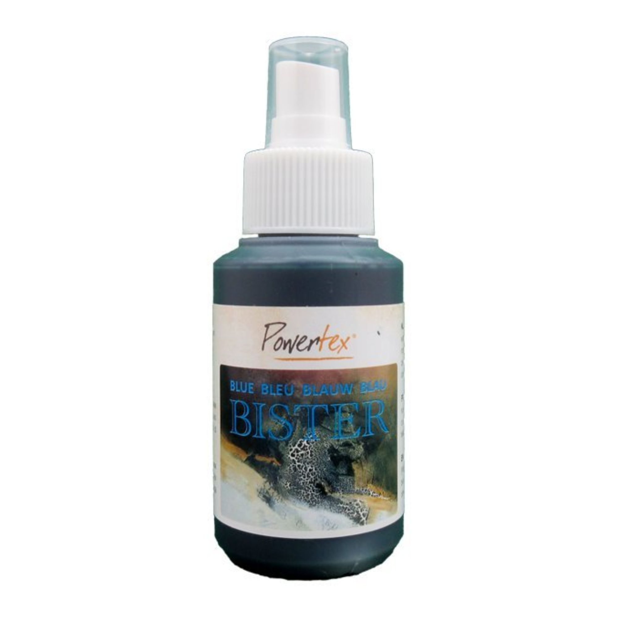 Powertex Water Based Bister in Blue color, housed in a 100ml or 3.4oz spray bottle.