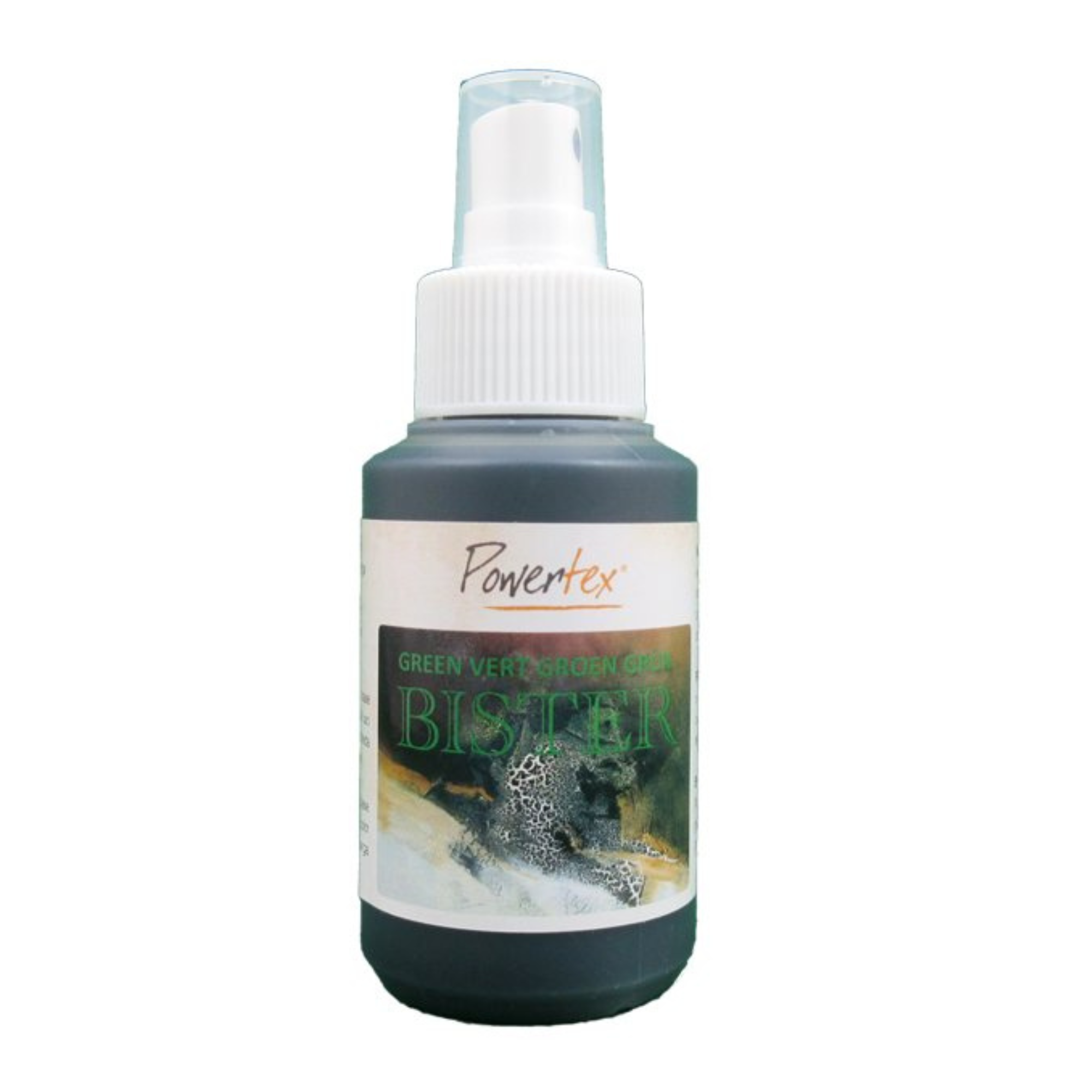 Powertex Water Based Bister in Green color, housed in a 100ml or 3.4oz spray bottle.