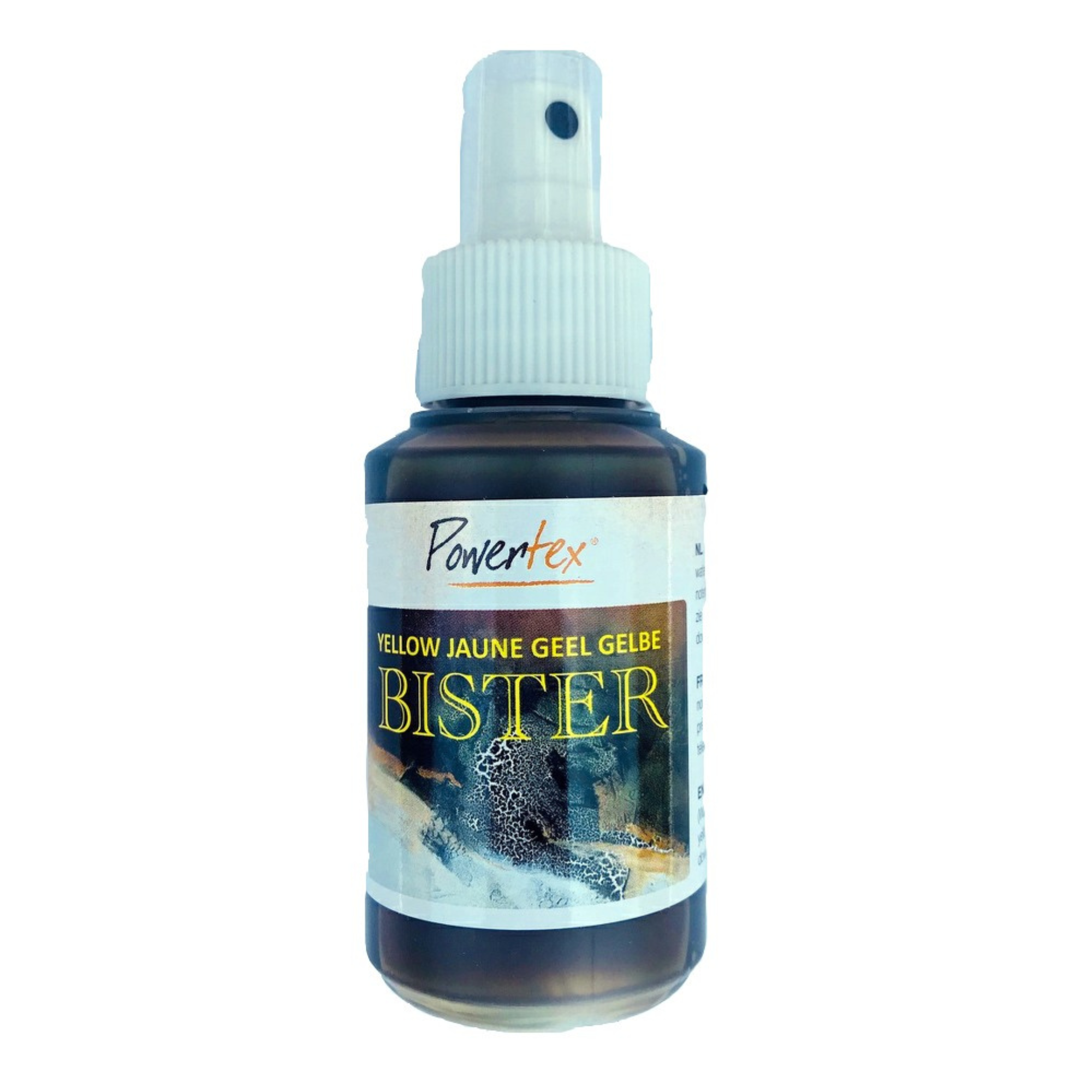 Powertex Water Based Bister in Yellow color, housed in a 100ml or 3.4oz spray bottle.