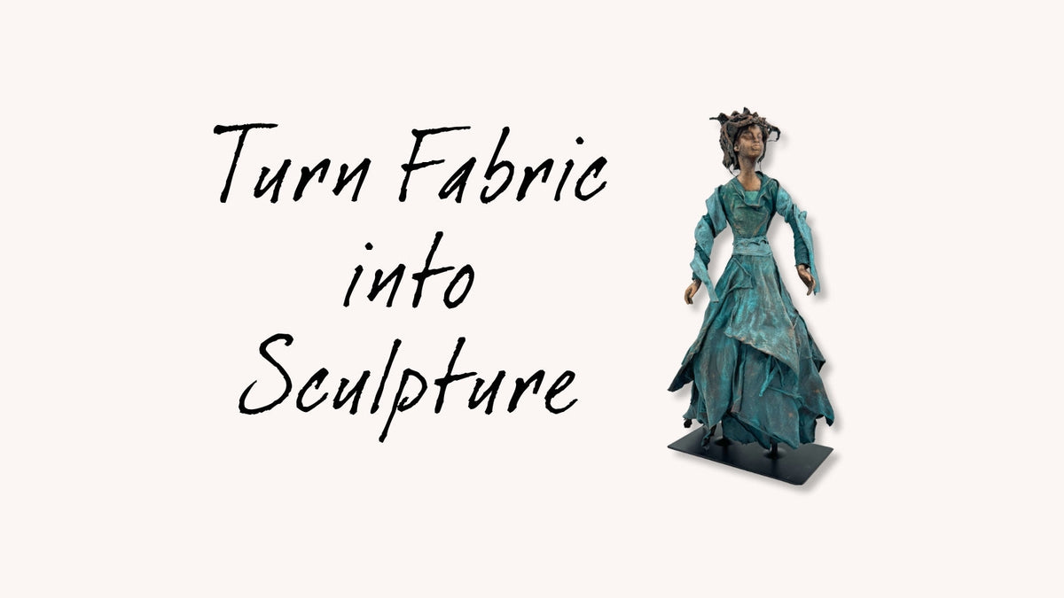Fabric sculpture of a woman in a flowing teal dress made with Powertex Universal Medium textile strengthener