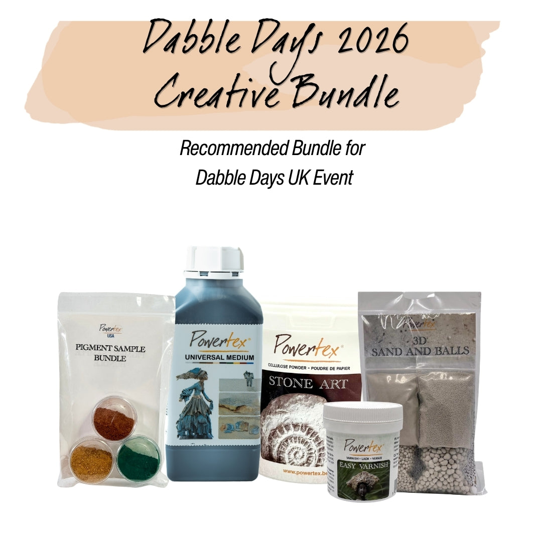 Dabble Days 2026 Creative Bundle - Powertex Universal Medium Black, Stone Art, Easy Varnish, 3D Sand & Balls, and Pigment Sampler