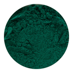 A circular close-up swatch of dark green powder texture on a white background.