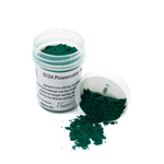 A small clear plastic jar of Powercolor pigment powder with its lid off, showing deep green pigment powder inside, with a small spill of the powder on a white background.