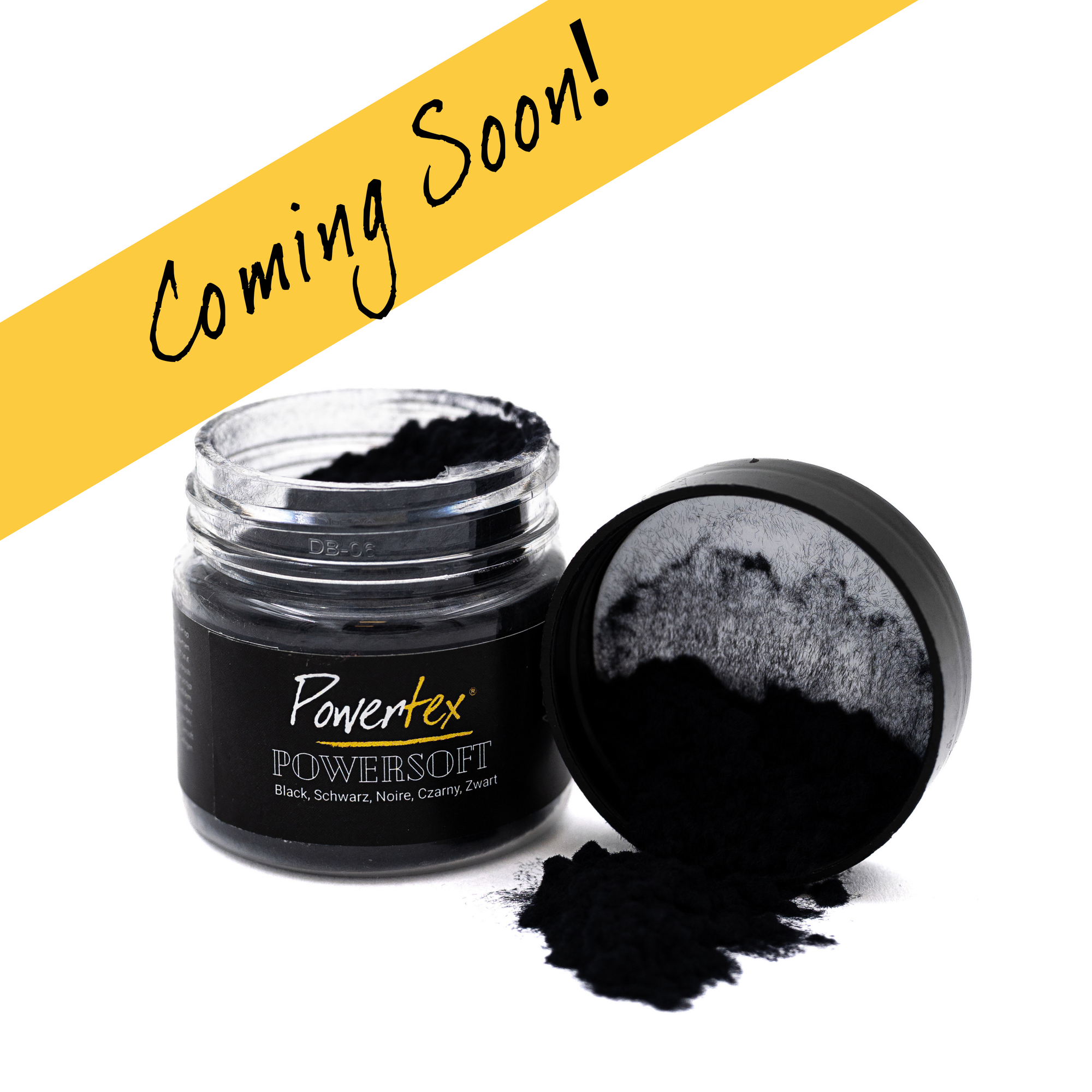A small clear jar of black powder with its black lid placed beside it on a white background, overlaid with a yellow diagonal banner that reads 'Coming Soon!'. The jar label shows the brand name Powertex and the product name POWERSOFT.