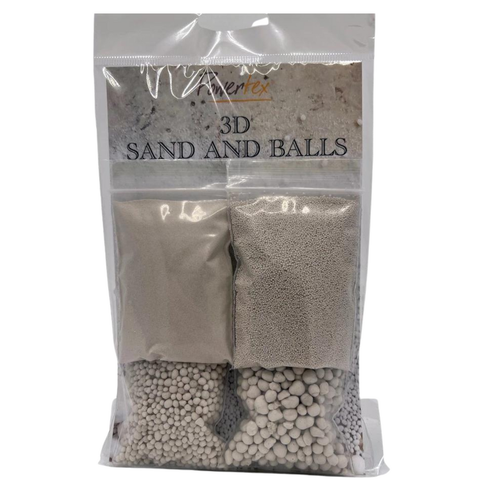 Sample pack including: 20g of sand, 8g of small 3D balls, 6g of medium 3D balls, and 6g of large 3D balls.