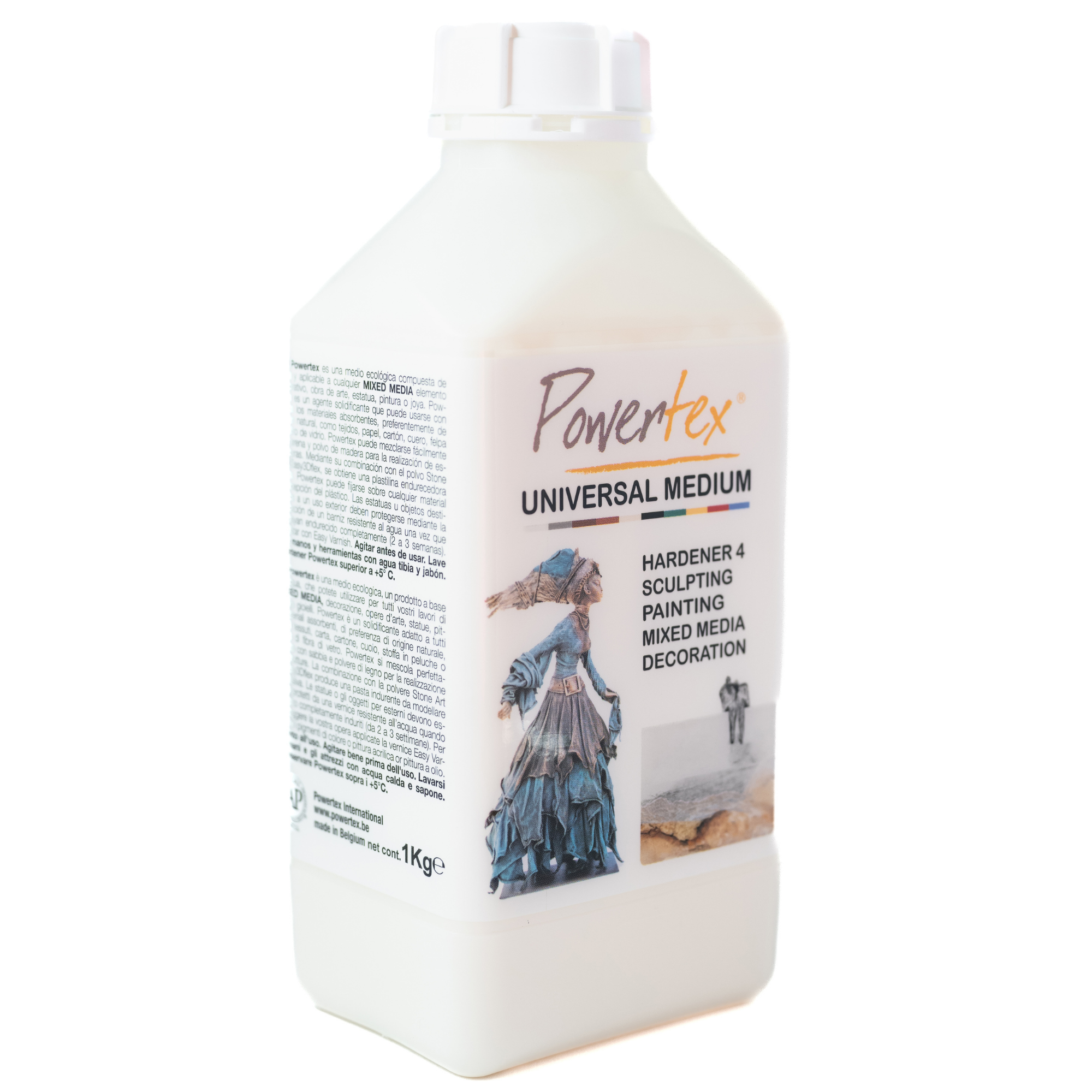 Pictured: 3/4 view of 1000g bottle of Powertex Universal Medium in Transparent.