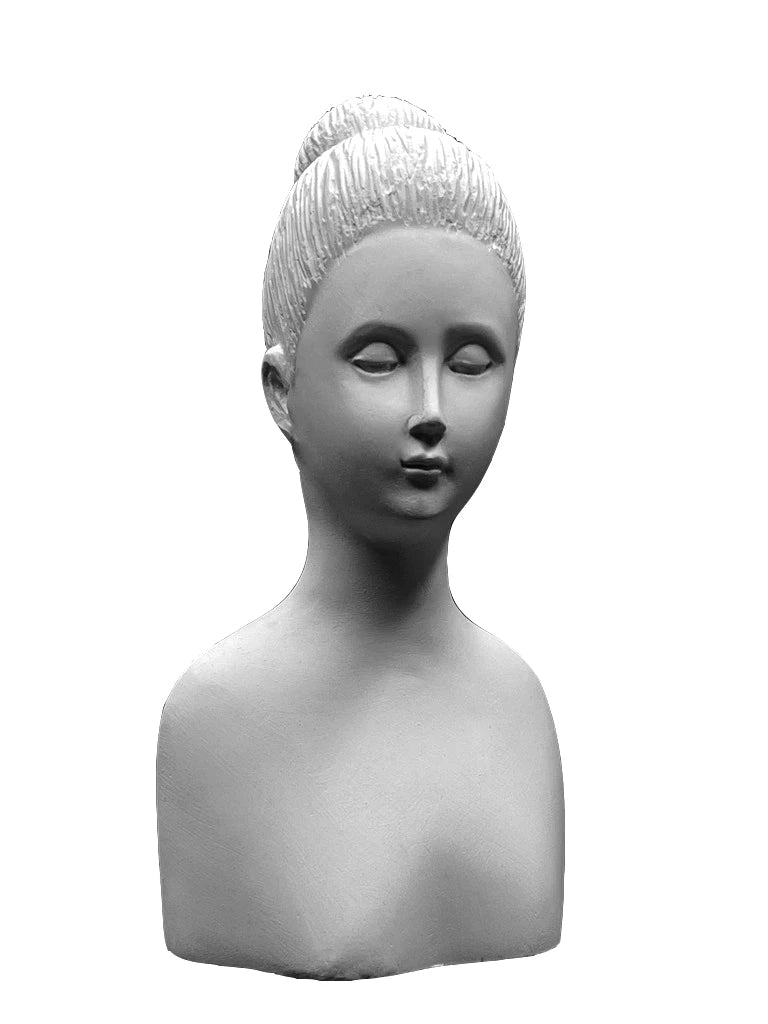 Carmen plaster female bust front view with serene expression and swept updo, for Powertex mixed media sculptures