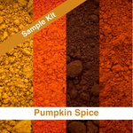 Four vertical panels showing different spice powder textures labeled as a 'Sample Kit' and 'Pumpkin Spice' overall, with warm orange, yellow, brown, and red-orange tones.