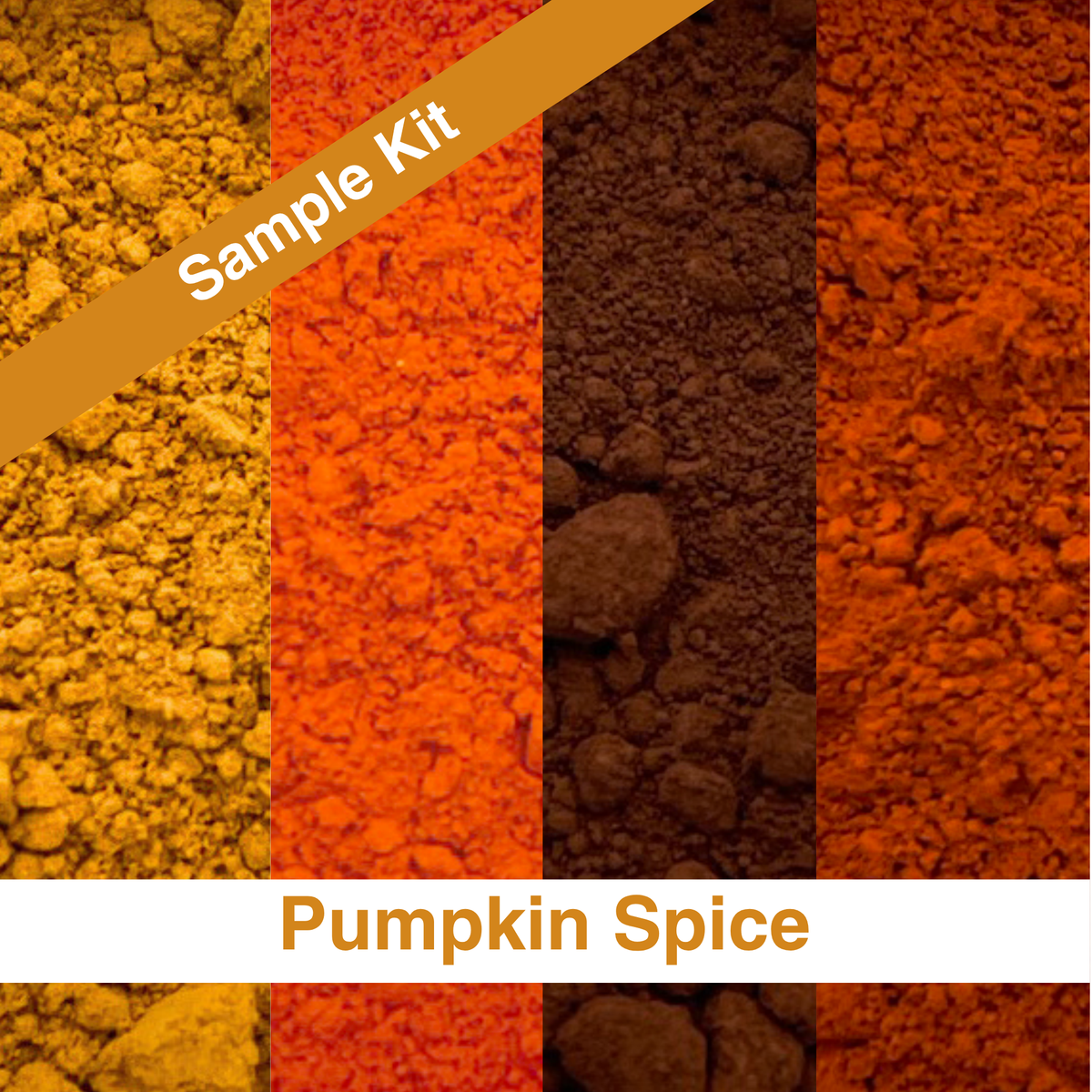 Four vertical panels showing different spice powder textures labeled as a 'Sample Kit' and 'Pumpkin Spice' overall, with warm orange, yellow, brown, and red-orange tones.