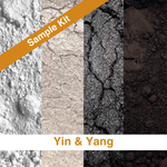 A product sample kit graphic showing four vertical panels of textured powder or material samples in white, beige, gray, and dark brown/black. An orange diagonal banner reads 'Sample Kit,' and a white band at the bottom reads 'Yin & Yang.
