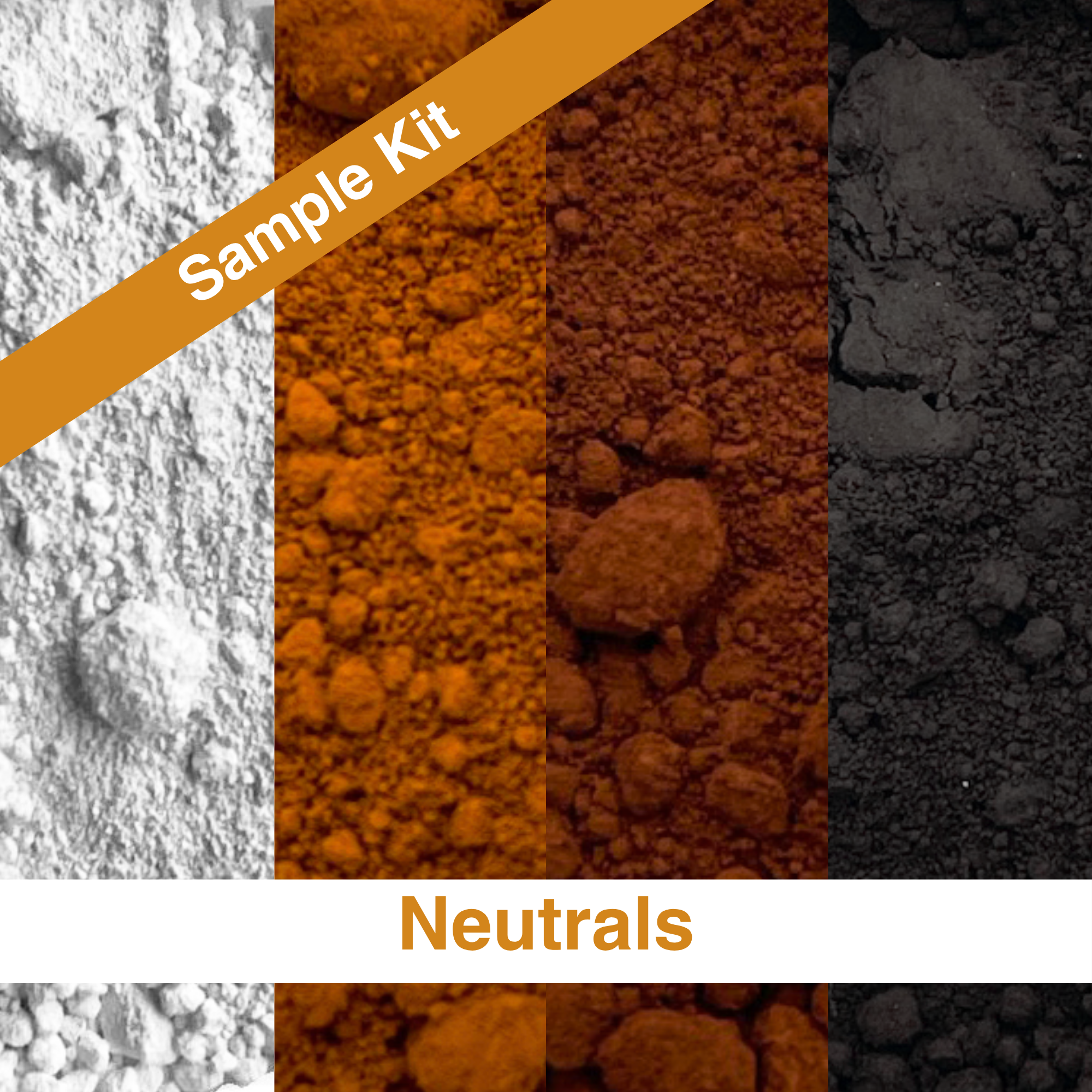 A color swatch graphic labeled 'Sample Kit' and 'Neutrals,' showing four vertical panels of textured powder or granules in white, orange-brown, reddish-brown, and black.